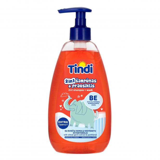 TINDI 2in1 šampūnas ir prausiklis vaikams  su kviečių gemalų ekstraktu ir pantenoliu, 475 ml 